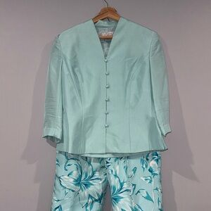 Vintage Adrianna Papéll 100% Silk Blazer & Pants Floral Beaded Detailing Size 10